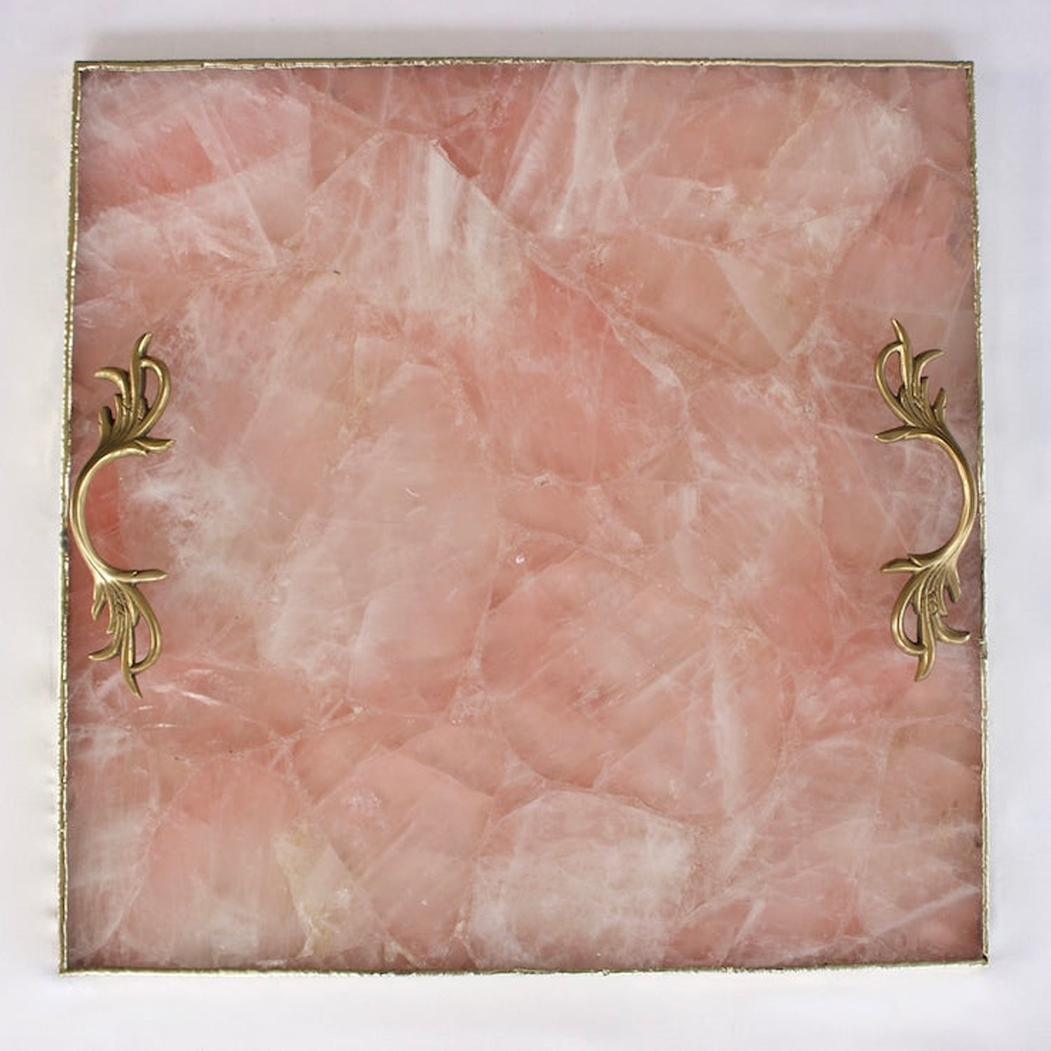 Rose Quartz Agate Serving Tray With Brass Handles | Square