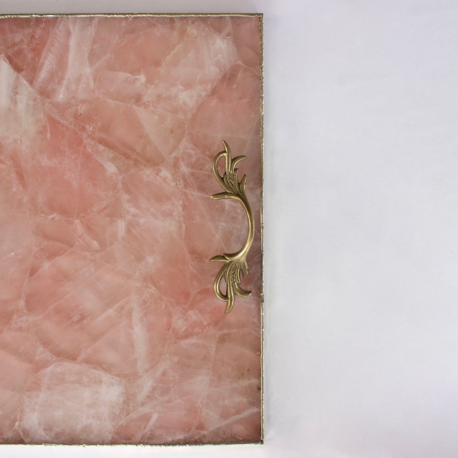 Rose Quartz Agate Serving Tray With Brass Handles | Square