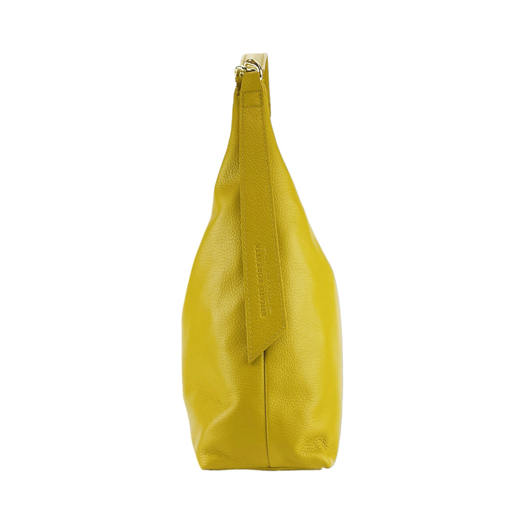 RB1017AR | Women's Soft Shoulder Bag in Genuine Leather Made in Italy with single handle and removable shoulder strap. Shiny Gold metal snap hook attachments - Mustard color - Dimensions: cm 36 x 40 x 13