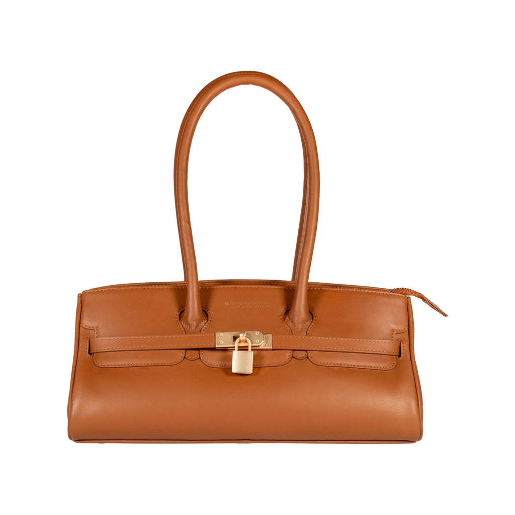 RB1033S | ARIANNA Women's Shoulder Bag in Soft Genuine Sauvage Leather, Made in Italy. Matte Gold Metal Hardware. Cognac Color. Dimensions: 34 x 15 x 16 + 20 cm (Handle Drop)